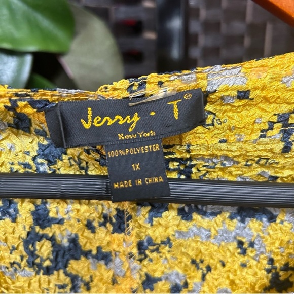 Jenny T golden yellow navy blue frilly Aline dress ruched pleats 1X - Picture 11 of 12